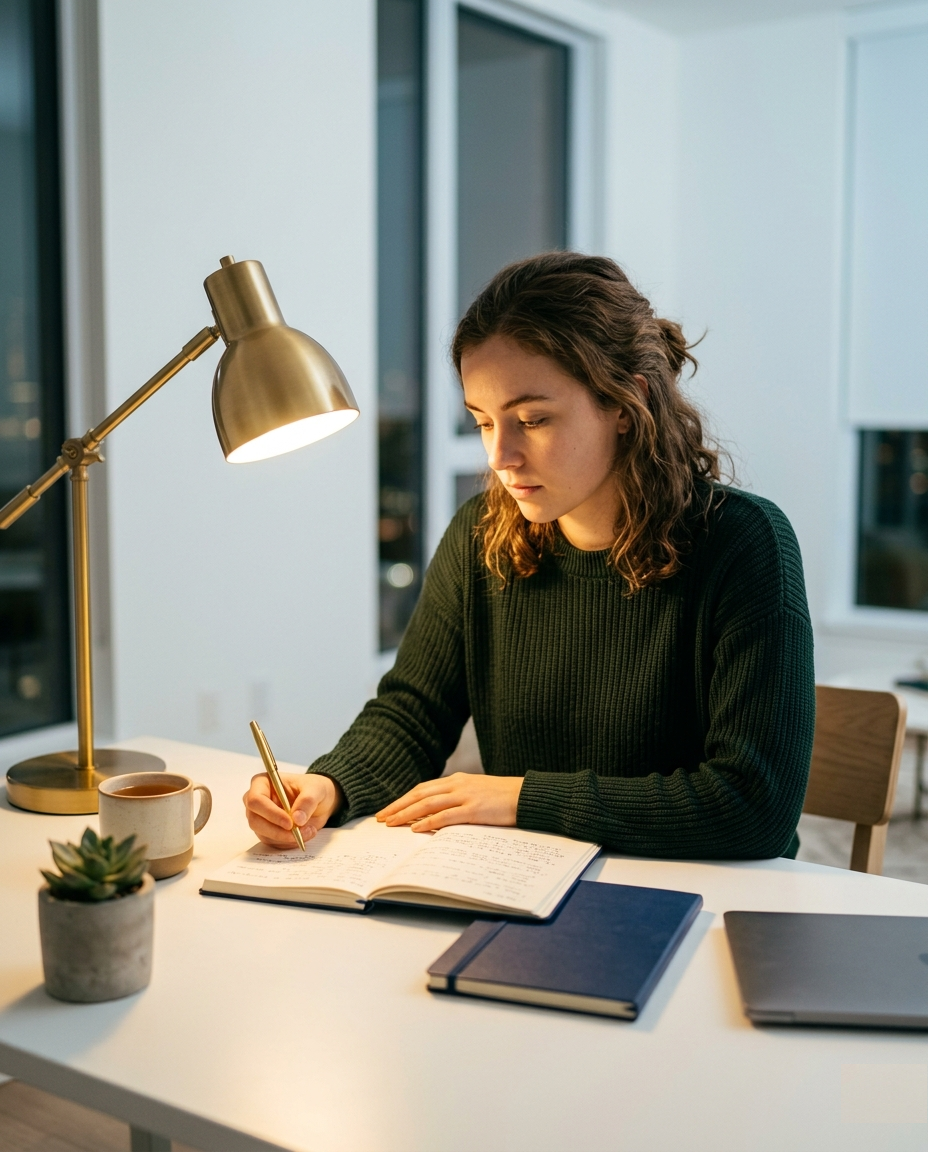 A focused student studying in a modern minimalist library