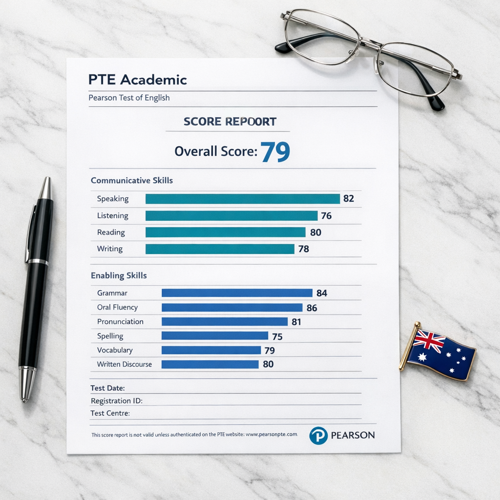 PTE Academic score report showing overall score of 79